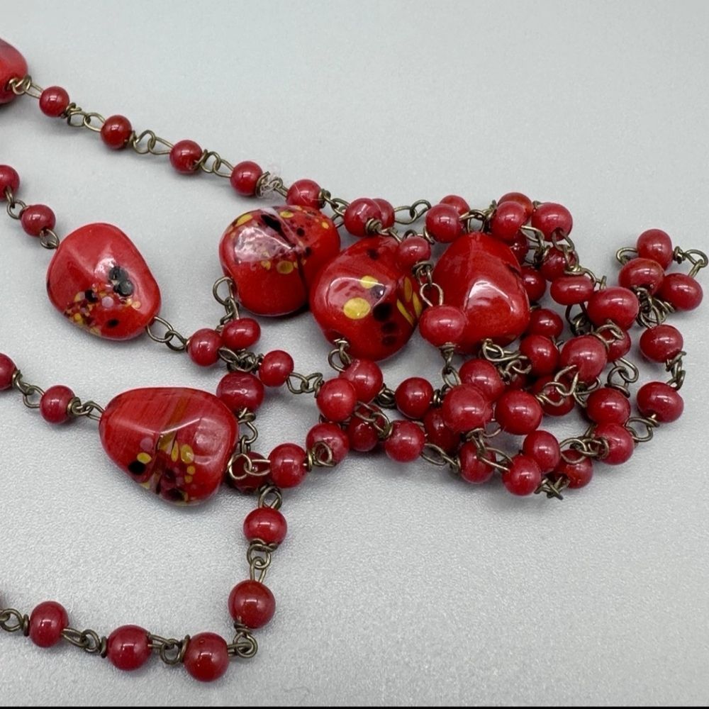 Vintage Gold Tone Red Murano? Glass Beaded Chain Necklace, 50" - Picture 5 of 5